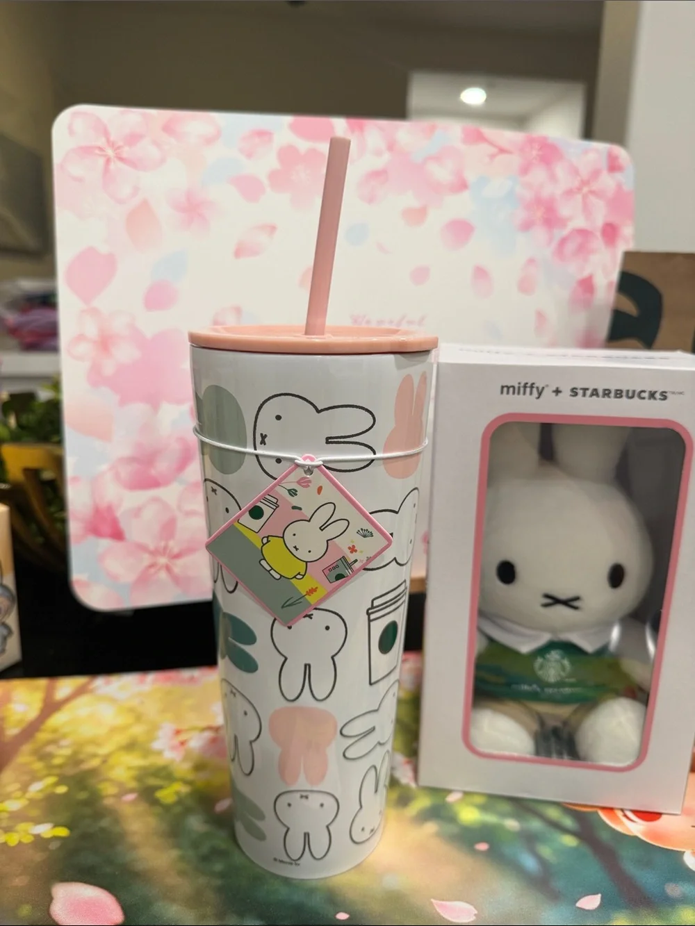 Starbucks x Miffy Gift Set 26oz tumbler & Miffy plush w/ Pink and Green Accents - Picture 2 of 10